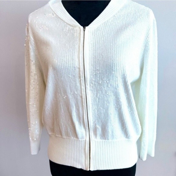 NTW White House Black Market White Sequence Zipped Cardigan. Size Medium - Picture 1 of 8